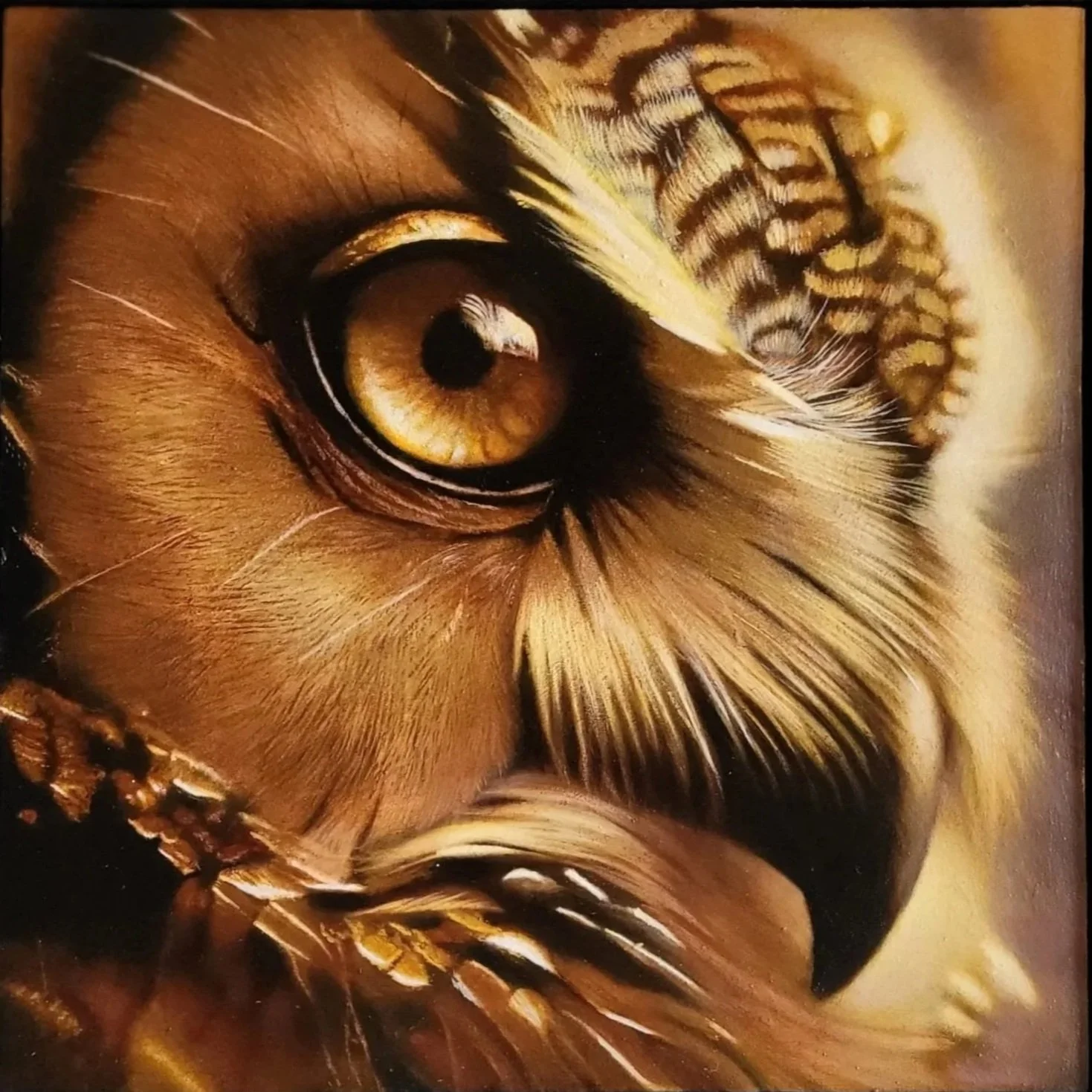 Close-up oil painting of a owls eye with golden iris, surrounded by brown and black feathers and detailed feathers around the eye. - This painting is available for sale