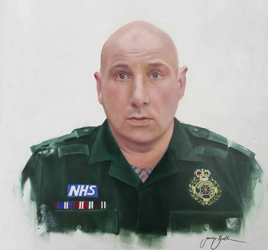 A Paramedic called Mark, who works on the front line for west midlands ambulance service, and has done so for 28 years. Mark was quite shy about having his portrait painted. Thank you Mark and all NHS staff. This was painted during the covid pandemic