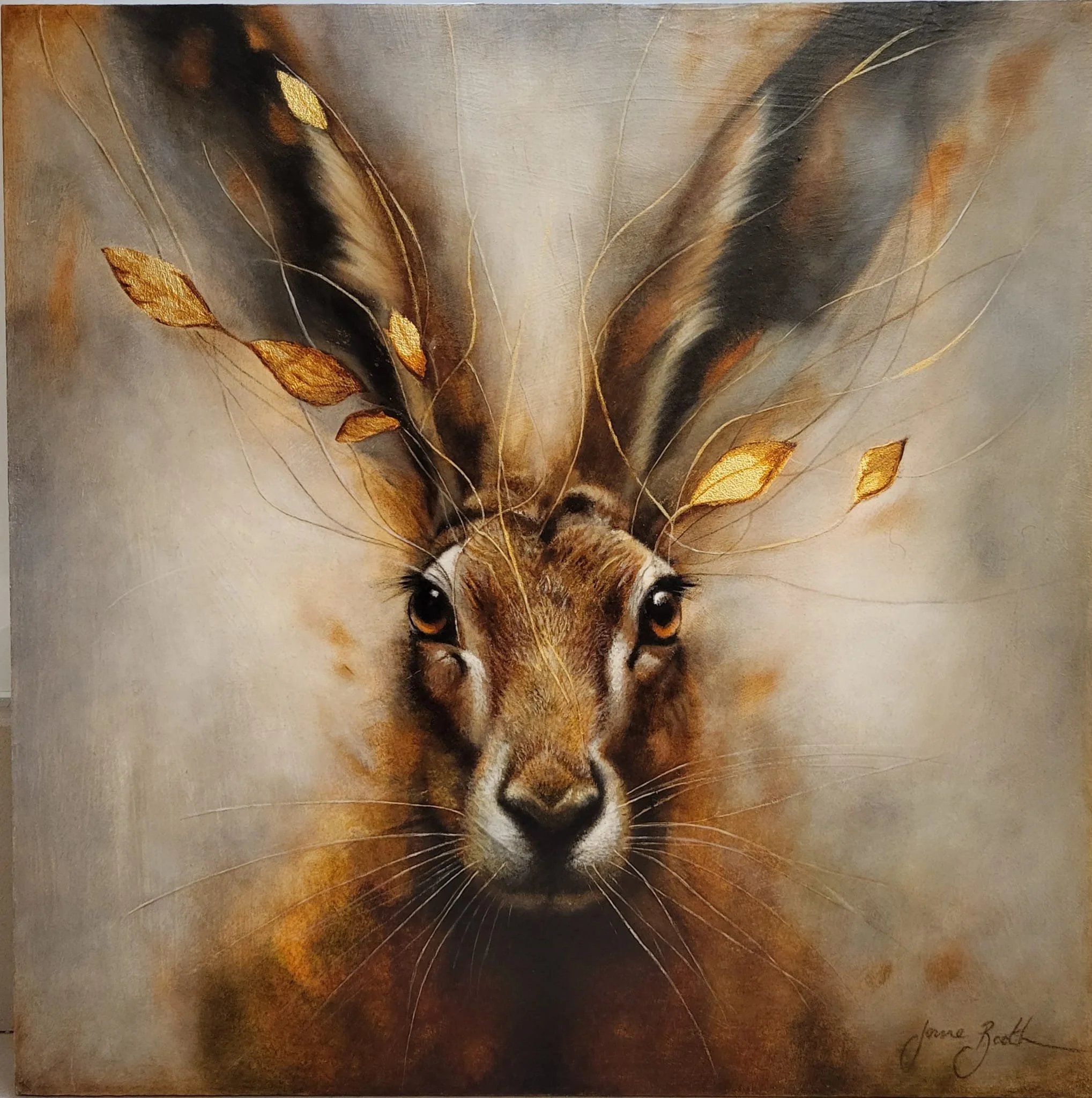 An oil painting of a hare with golden leaves and flowing lines on a muted background.