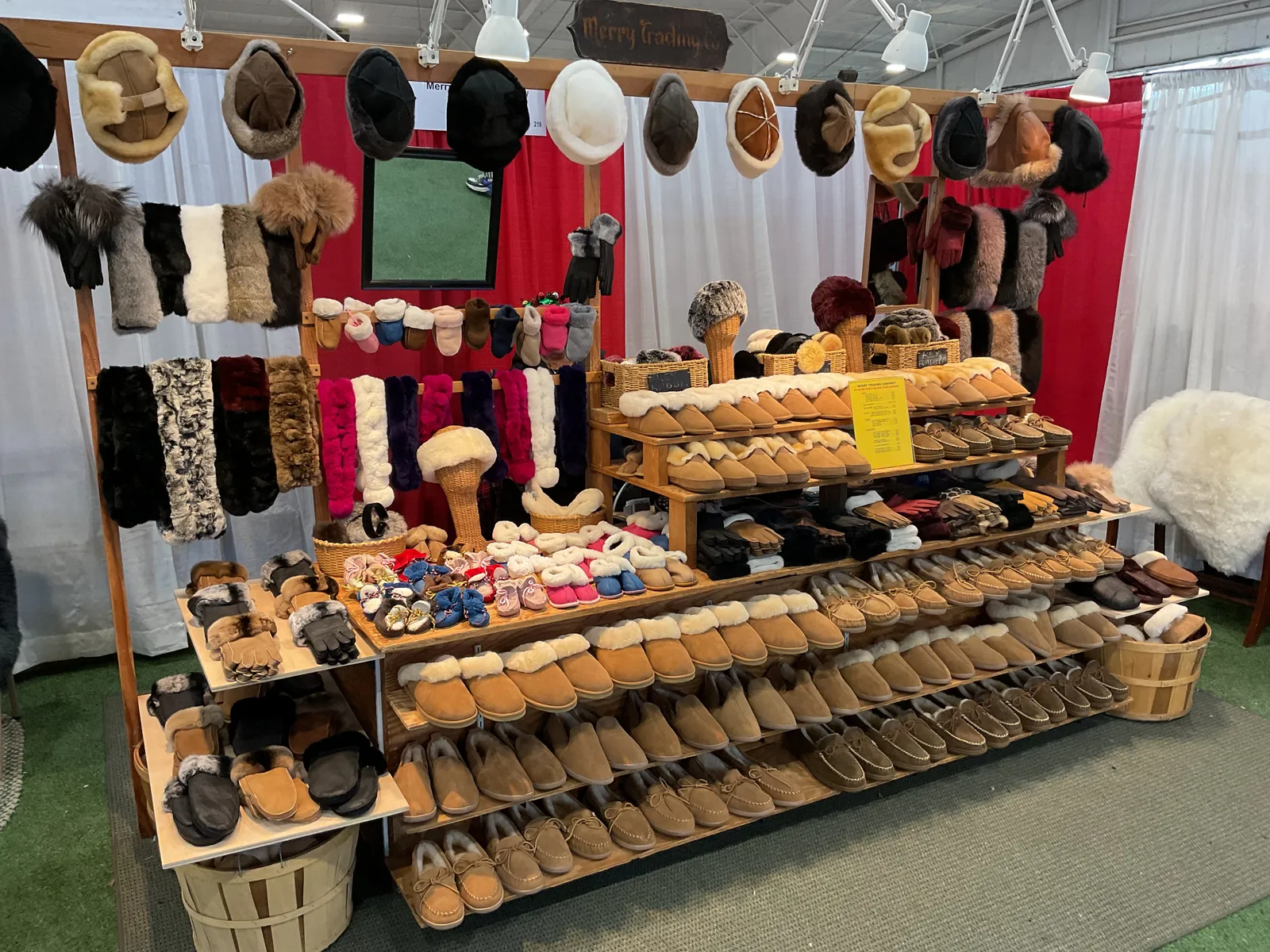  
  Merry Trading Company: BOOTH 214
     The Merry Trading Company specializes in winter apparel and accessories created from Sheepskin, Rabbit, and other “re-purposed and recycled” furs, winter hats, mittens, slippers, gloves and related items.    