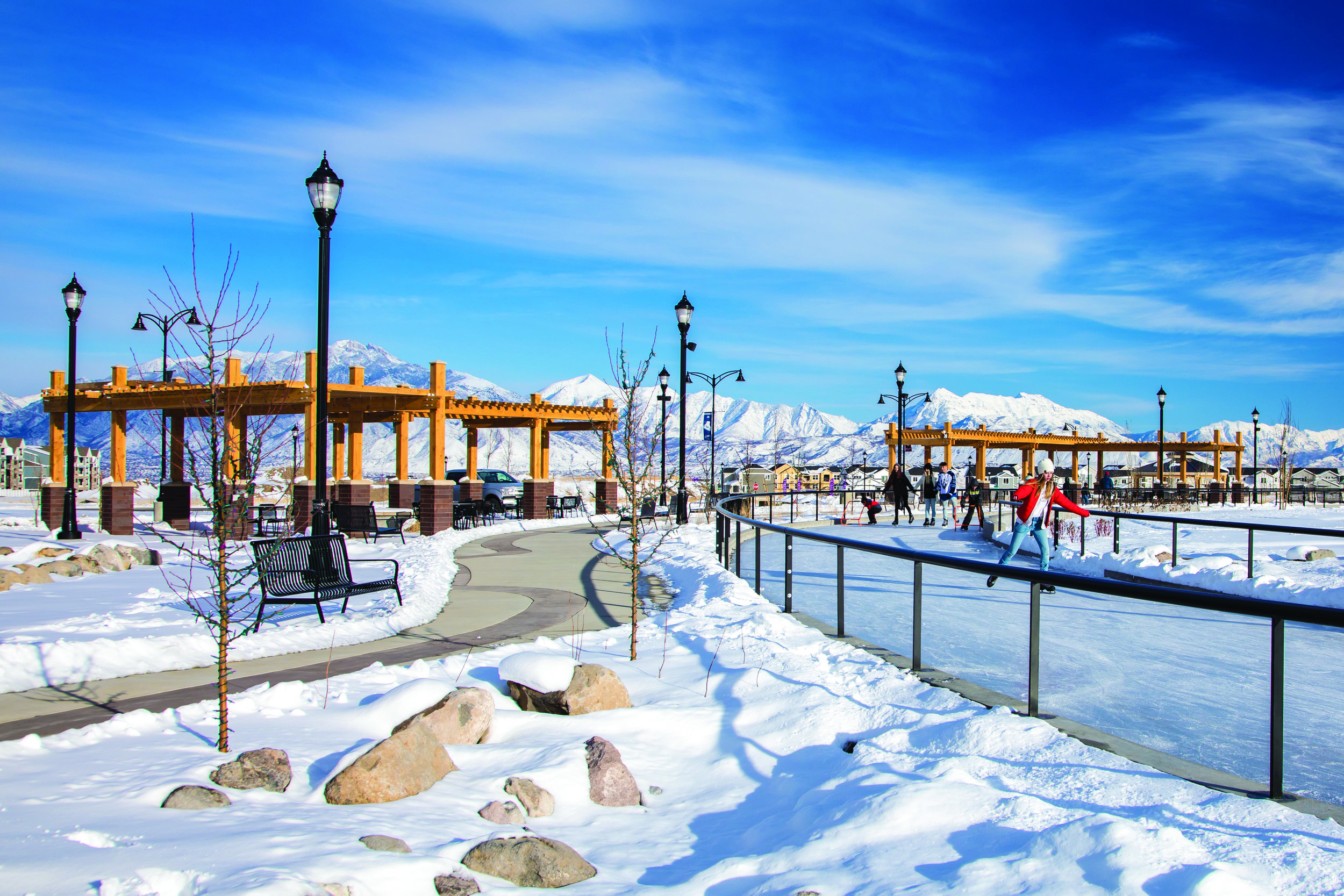  In winter, the Ice Ribbon is a popular skating destination. The Fire and Ice Plaza, not pictured here, offers fire pits and warming stations for skaters to take a break or onlookers to more comfortably observe while they sip their hot chocolate from