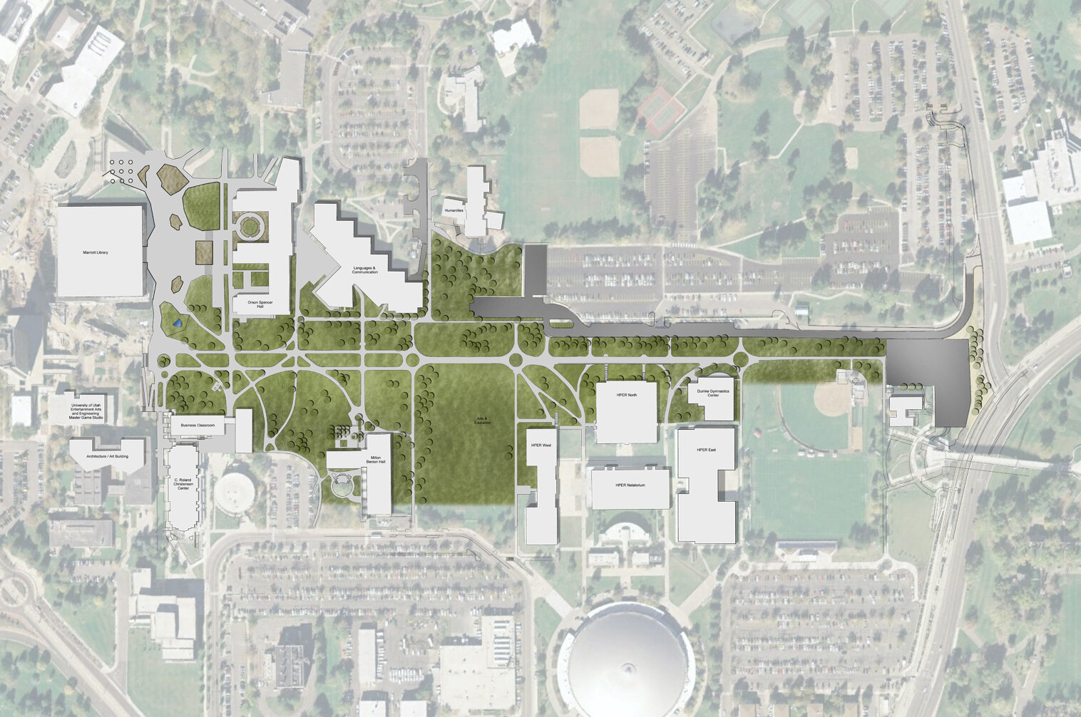  Graphic description of the pre-HPER Mall Master Plan and improvements. The circulation patterns do not consider existing steep grades, ADA access, or pedestrian desire routes. Storm water mitigation is directly connected to existing Salt Lake City d