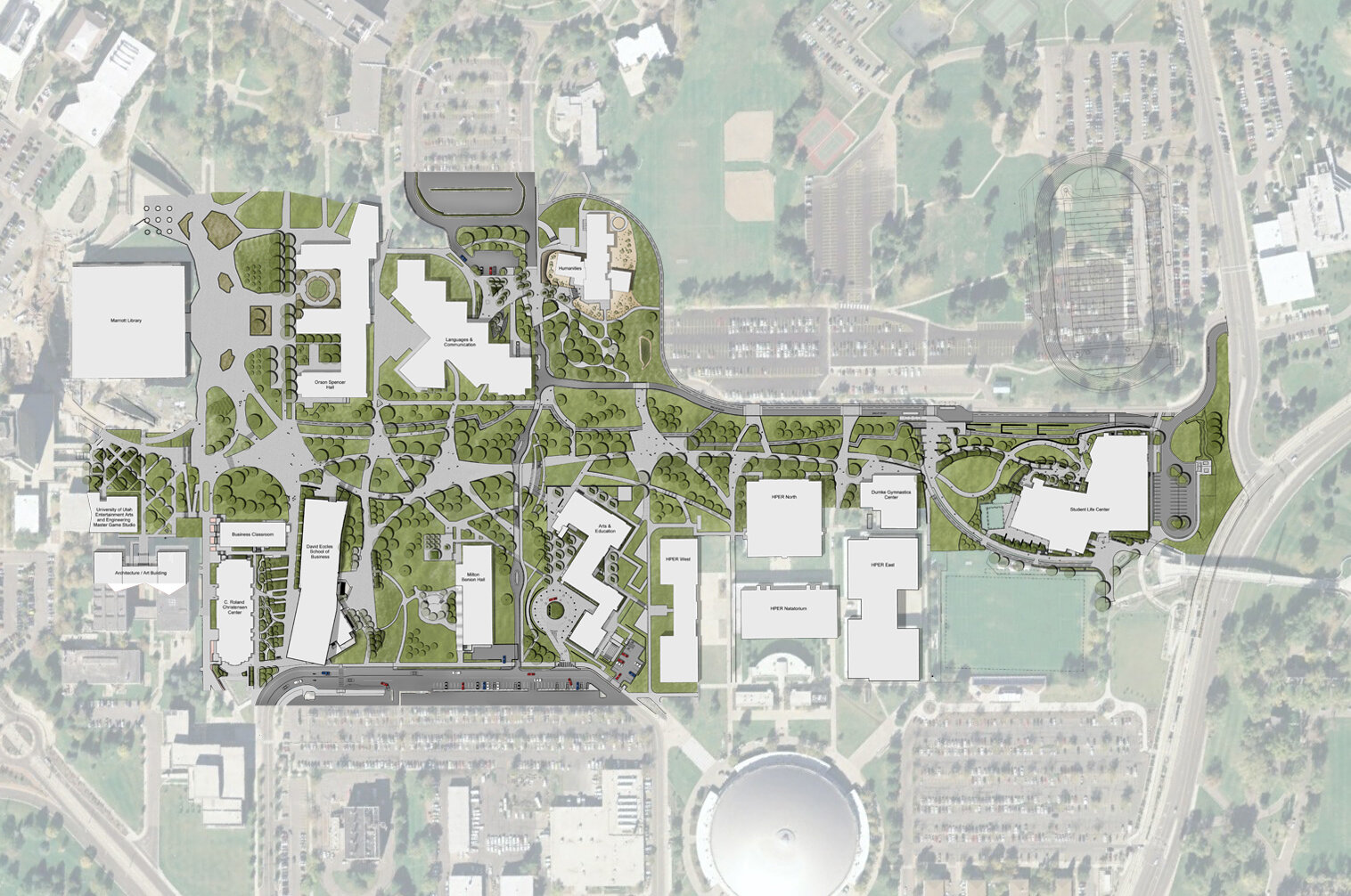  Graphic description of HPER Mall Master Plan design showing pedestrian desire routes, and reduction of pedestrian, bicyclists, boarders, campus shuttle bus routes, ADA compliant routes, and maintenance vehicle routes. 