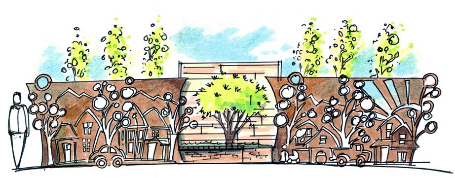 ART CONTINUES TO GREET THE USER AS THEY ENTER THE VEGETABLE GARDEN. CORTEN STEEL PANELS WERE DESIGNED TO DEPICT A DAY IN THE LIFE OF THIS HISTORIC STREET WHILE ALSO MAKING THE SPACE COME TO LIFE AS THE SUN SETS.