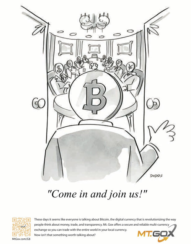 Primeiro anúncio em revista do Bitcoin que se tem notícia, pela Mt. Gox, em 2013.