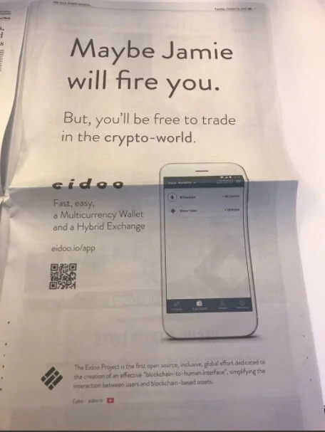 Anúncio de plataforma de criptomoedas em referência a Jamie Dimon, CEO do JP Morgan, 2017.