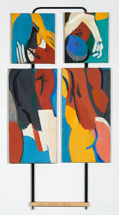  Irving Kriesberg,  Yellow &amp; Blue Lovers  (side B), 1959, gouache with touches of pastel on paper mounted to board (four panels, reversible), overall (with armature): 41 3/5 x 21 1/4 in. (105.7 x 54 cm) 