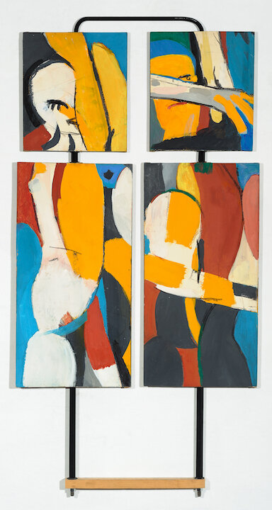  Irving Kriesberg,  Yellow &amp; Blue Lovers  (side A), 1959, gouache with touches of pastel on paper mounted to board (four panels, reversible), overall (with armature): 41 3/5 x 21 1/4 in. (105.7 x 54 cm) 