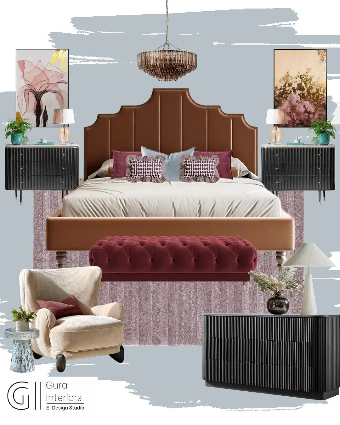 Modern Luxe Bedroom 

A truly elevated bedroom is all about layering textures, finishes, and statement details. In this design, rich velvet meets sleek leather, ribbed wood adds depth, and curated art pieces anchor the room with personality.

The con