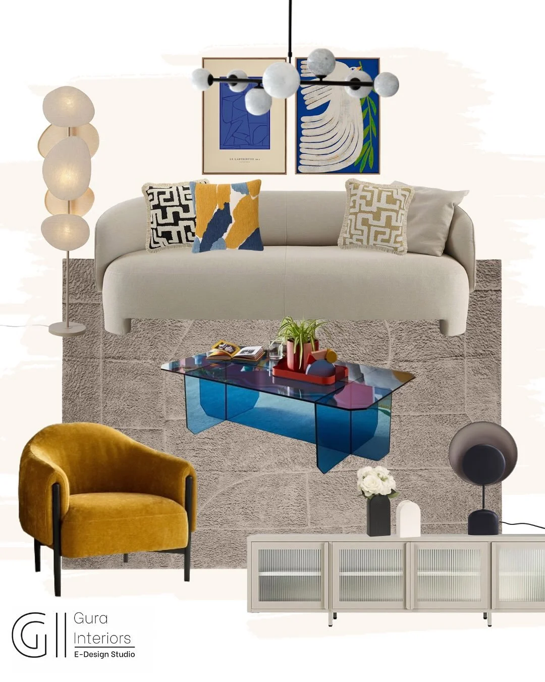 Neutral doesn&rsquo;t mean boring!

This space shows how a calm, sophisticated base can come alive with bold pops of colour. 

The ochre chair, vibrant art, and electric blue glass coffee table add layers of energy and personality that transforms a s
