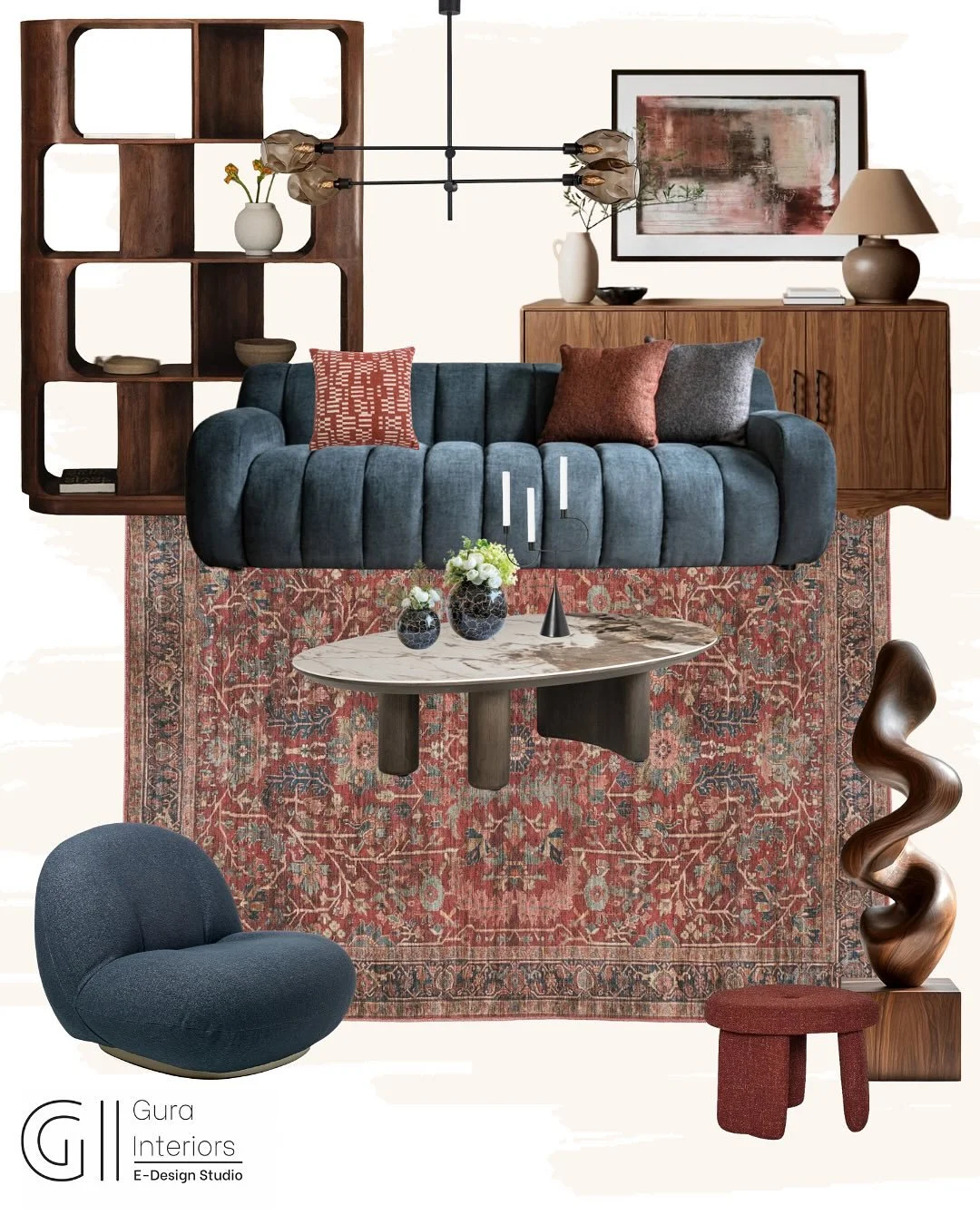 Bold, modern, and timelessly chic. 

This living room scheme blends deep indigo seating with the warmth of walnut wood tones and the richness of a Persian-inspired rug. 

The sculptural accents adds a sense of artistry and movement, balancing the str