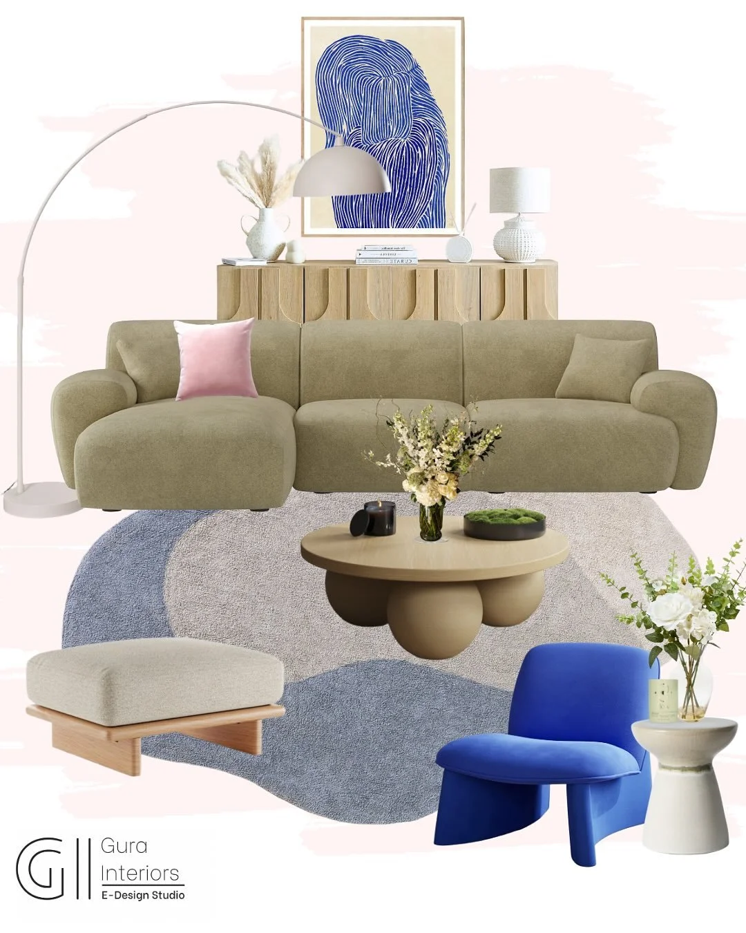 Soft curves. Bold contrasts. Effortless harmony.

This living room concept is all about modern sculptural design, where organic shapes meet playful colour.

Olive green seating grounds the space in warmth, while the electric cobalt accent chair adds 