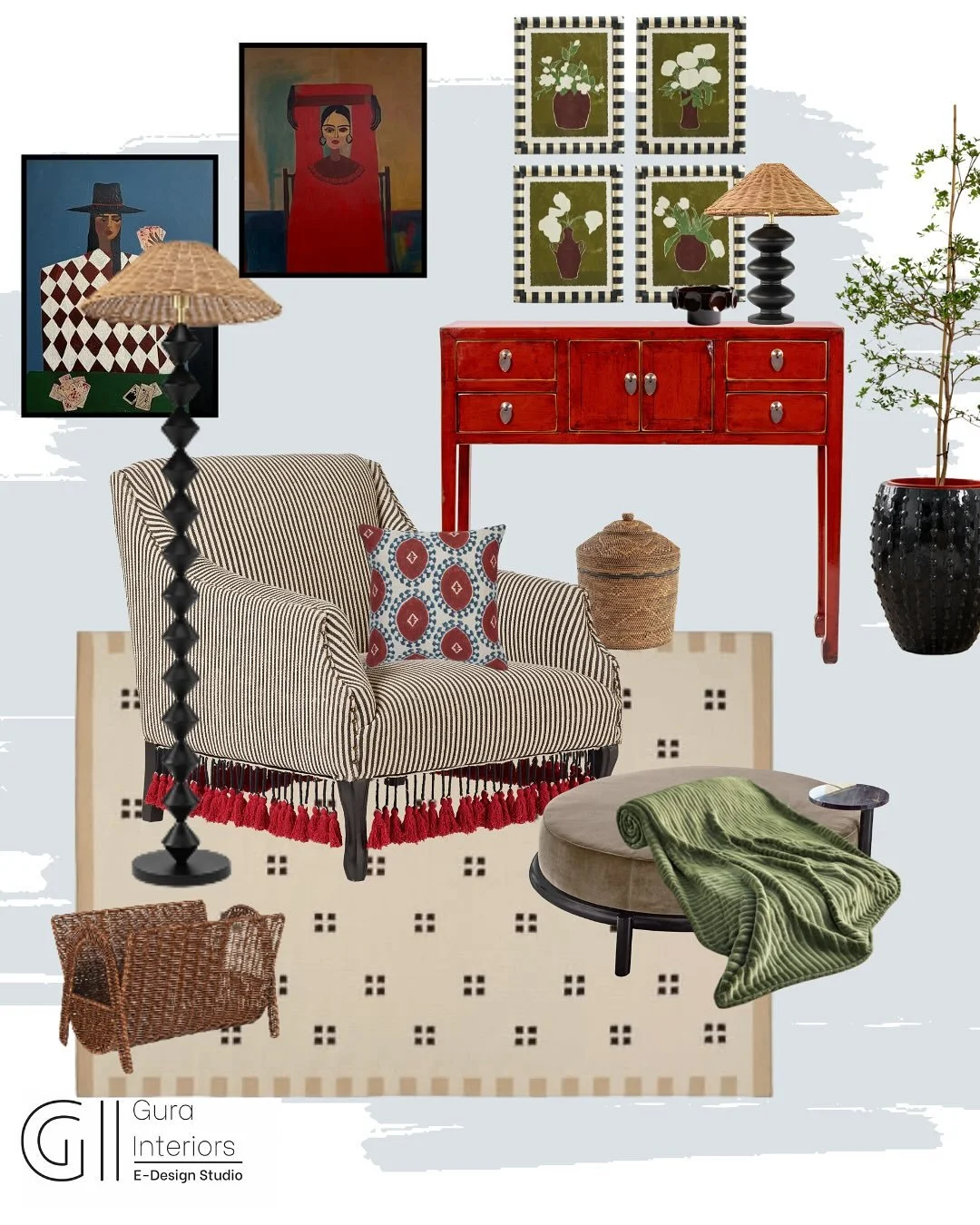 Eclectic Calm with a Boho Twist. 

This cosy corner nook is all about mixing bold character with laid-back charm. The striped armchair with tassel trim, vintage red console, and patterned artwork create a rich, layered look that&rsquo;s grounded by n