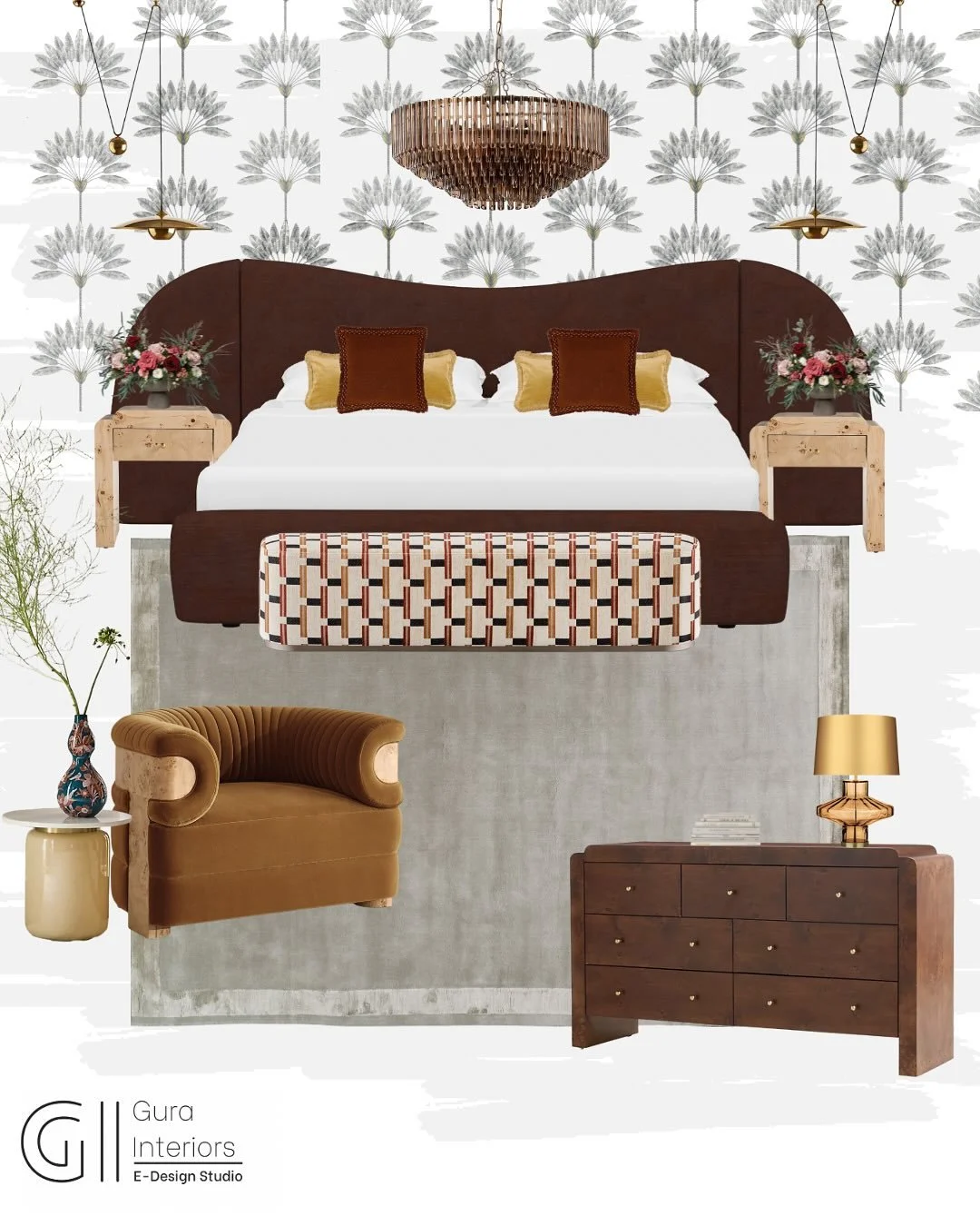 Warm Elegance Meets Modern Comfort. 

This bedroom mood board brings together rich chocolate browns, golden ochres, and soft neutrals to create a warm, cocooning atmosphere that feels both luxurious and grounding.

The deep tones of the bed and dress