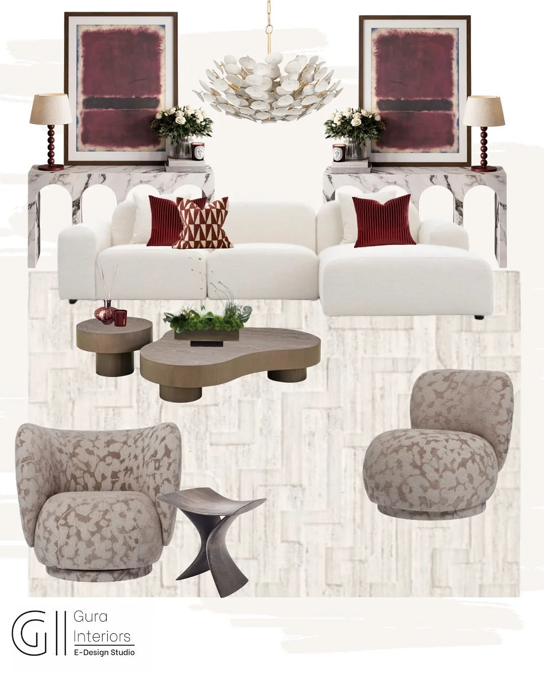 Sculptural Serenity Meets Luxe Comfort. 

This living room concept is where art and architecture quietly flirt. A soft neutral base sets the tone; creamy whites, warm taupes, and muted wood tones, while deep merlot accents bring in that perfect touch