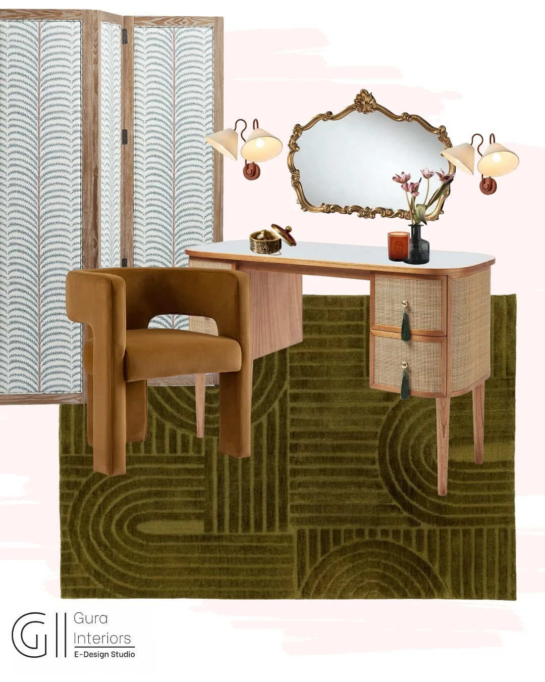 A vanity space designed for slow mornings and timeless beauty. 

This curated corner blends rich velvet and warm wood tones to evoke that quiet luxury feel; elegant, understated, and deeply inviting. 

The weathered oak screen by @oka adds a soft arc