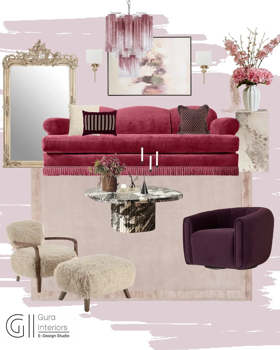 Blush, Berry &amp; Cream Dreams. 

This mood board is a celebration of feminine sophistication; where deep berry tones meet blush and creamy off-whites. The palette brings warmth, romance, and an indulgent sense of comfort, perfect for a modern luxe 