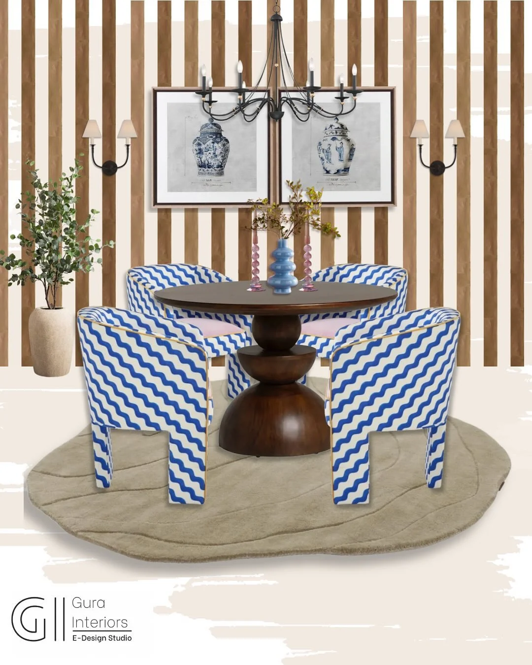 A striking dialogue between pattern and form.

The cobalt blue wiggle chair @dunelmuk bring a playful energy to the warmth of dark wood, creating a balance that feels both bold and timeless. The striped backdrop adds rhythm and depth; proof that patt