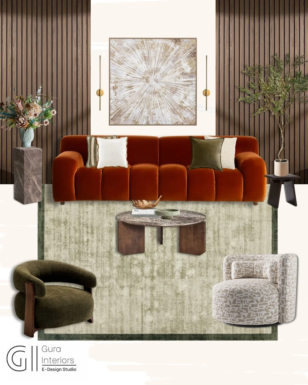 Warm, grounded, and effortlessly refined.

This palette is where earthy meets elegant; think burnt orange, moss green, and beige layered with rich wood tones and cool marble. The result? A space that feels warm yet sophisticated, bold yet balanced.

