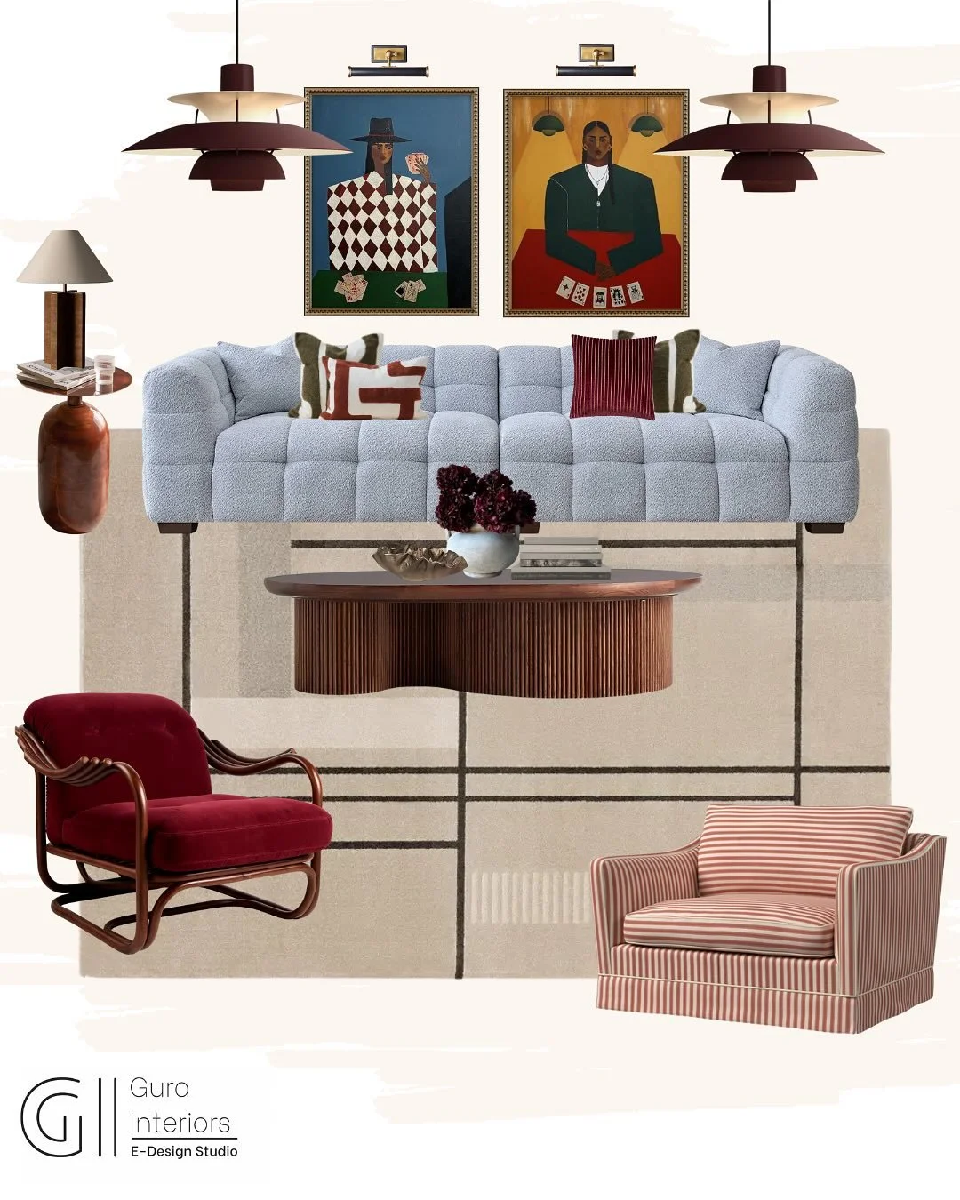 A Symphony of Tones: Light Blue, Red &amp; Beige.

When soft serenity meets bold sophistication; magic happens.
This living room mood board plays with tone contrast: the calm, cloud-like light blue sofa sets the stage for deep red accents that comman