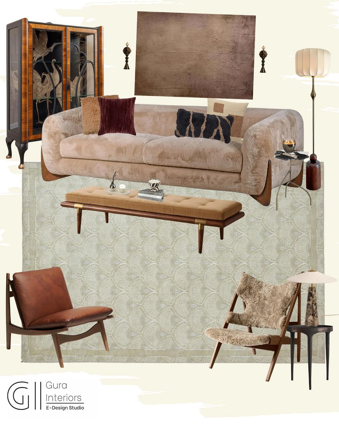 Where texture meets tone and every detail finds its rhythm! 

This living room mood board is a study in balance, unity, and quiet luxury; where plush curves, warm woods, and tactile contrasts come together in perfect harmony. Designed to feel grounde