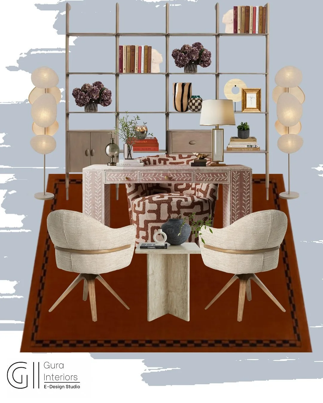 Design That Means Business! 

This modern office concept perfectly balances form and function; where every line, texture, and tone works in harmony. From the sculptural chairs to the patterned desk and warm terracotta rug, the space flows with rhythm