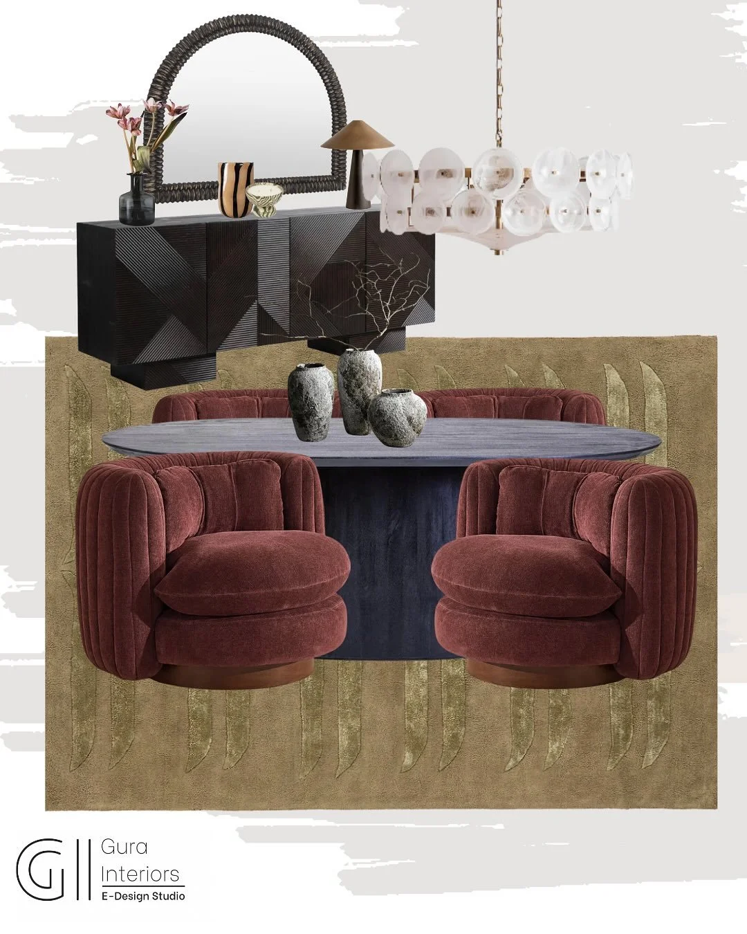 Design Principles, Elevated! 

This dining room mood board is balanced through the plush, rounded chairs grounding the space, while unity and harmony flow effortlessly through the cohesive palette and textures. 

Rhythm guides the eye with repeating 