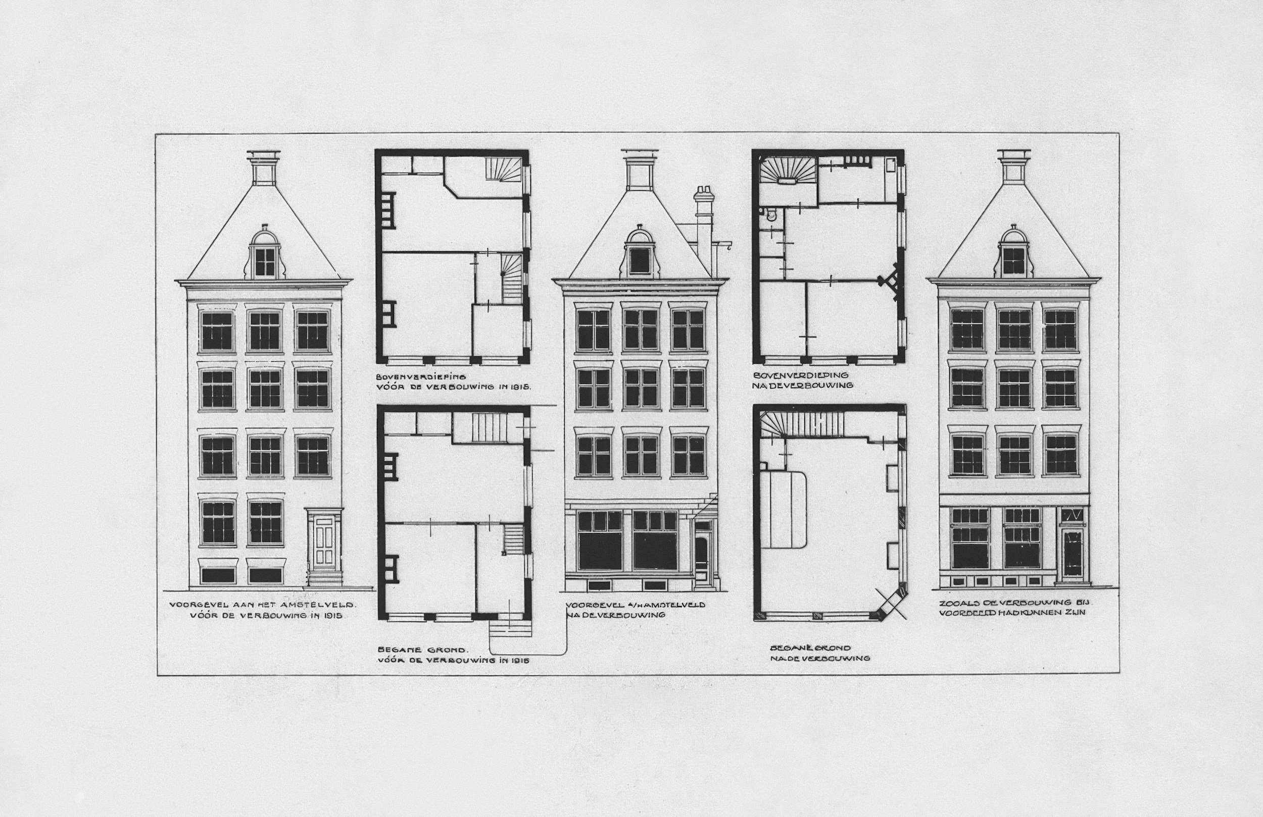 Architectural blueprint of a multi-story building with floor plans and elevations, including front and back views.