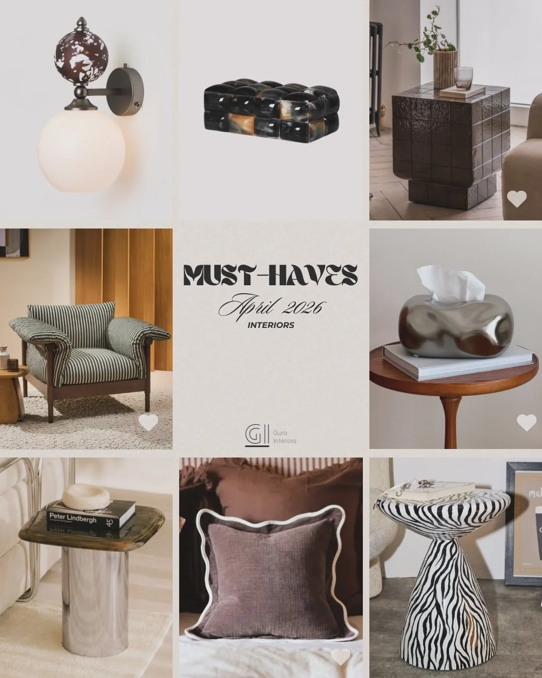 @gurainteriors curated finds for April 2026!

Form meets function with a sculptural edge. This edit brings together statement side tables, refined soft furnishings, a standout accent chair, and elevated accessories, all thoughtfully selected in rich 