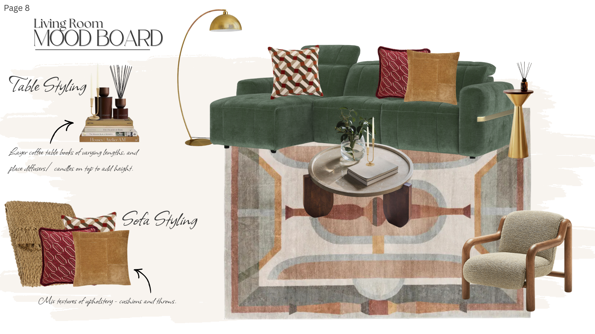Living room mood board with a green sectional sofa topped with patterned pillows, a round marble coffee table with books and a plant, a textured beige armchair, a gold arc floor lamp, a small gold side table with reed diffuser, a layered coffee table books arrangement, and an area rug with geometric designs.
