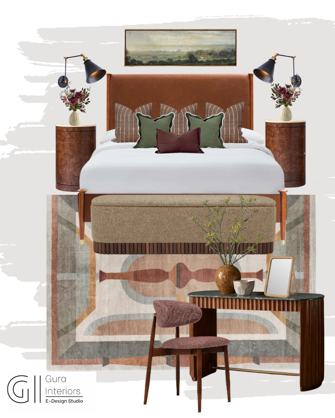 A bedroom with a large bed featuring a brown headboard, multiple decorative pillows, and bedside tables with lamps and flower arrangements. There is a framed landscape painting above the bed. A patterned area rug covers the floor, and at the foot of the bed, there is a beige bench. A small wooden table with a mirror, vase, bowl, and chair with a pink cushion is placed nearby.