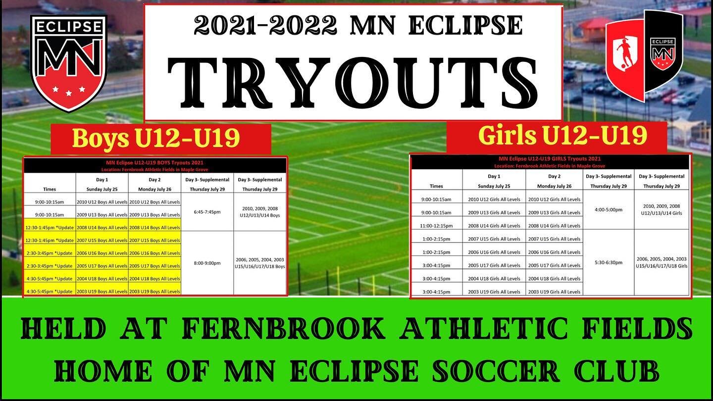 Tryouts start Sunday, July 25th at Fernbrook Athletic Fields - double check your time. It&rsquo;s not too late to sign up - go to mneclipse.com to register or link in bio 👆 Questions? Email either Youssef at ydarbaki@mneclipse.com or Andy at 