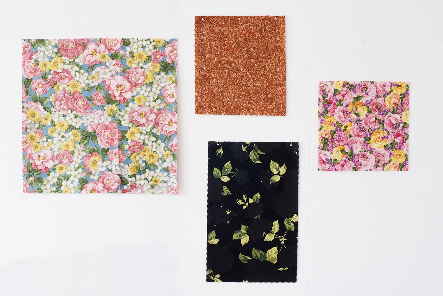 Faulty Samples , 2012 - 2014 Fabric collages on found fabric samples, acrylic on found fabric samples Dimensions variable (pieces vary from 50 x 50 cm / 19.7 x 19.7 inches to 29.2 x 29.2 cm / 11.5 x 11.5 inches)