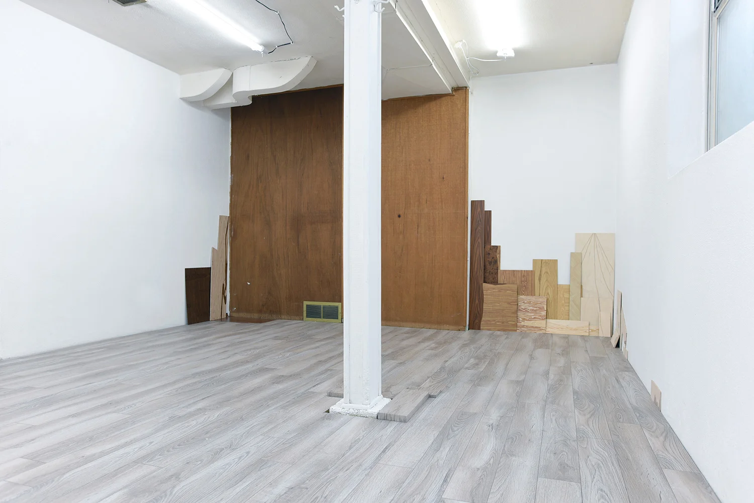 Masquetry V , 2014–2018 Adhesive vinyl on found laminate and wood Stain Paintings , 2018 Acrylic on found vinyl flooring