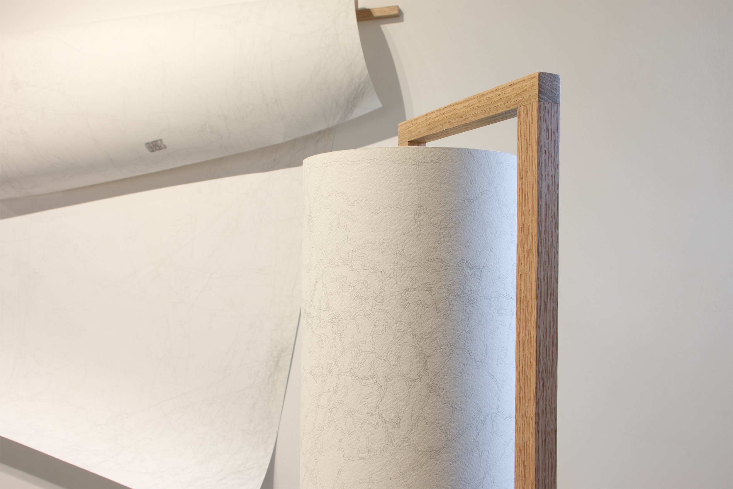 A Partial History (Drawing III) (detail), 2023 Graphite on 300gsm rough press watercolor paper, red oak 66 x 43.3 inches (dimensions of drawing) 54 x 0.75 x 0.75 inches (dimensions of wooden holder) A Partial History (Drawing V) (detail), 20
