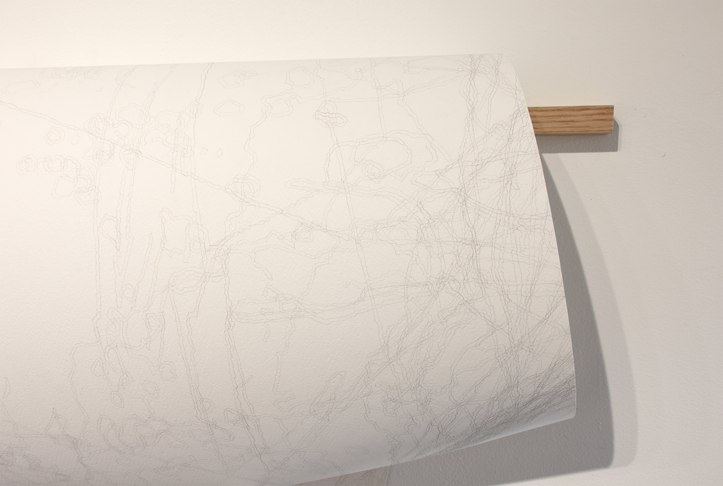 A Partial History (Drawing III) (detail), 2023 Graphite on 300gsm rough press watercolor paper, red oak 66 x 43.3 inches (dimensions of drawing) 54 x 0.75 x 0.75 inches (dimensions of wooden holder)
