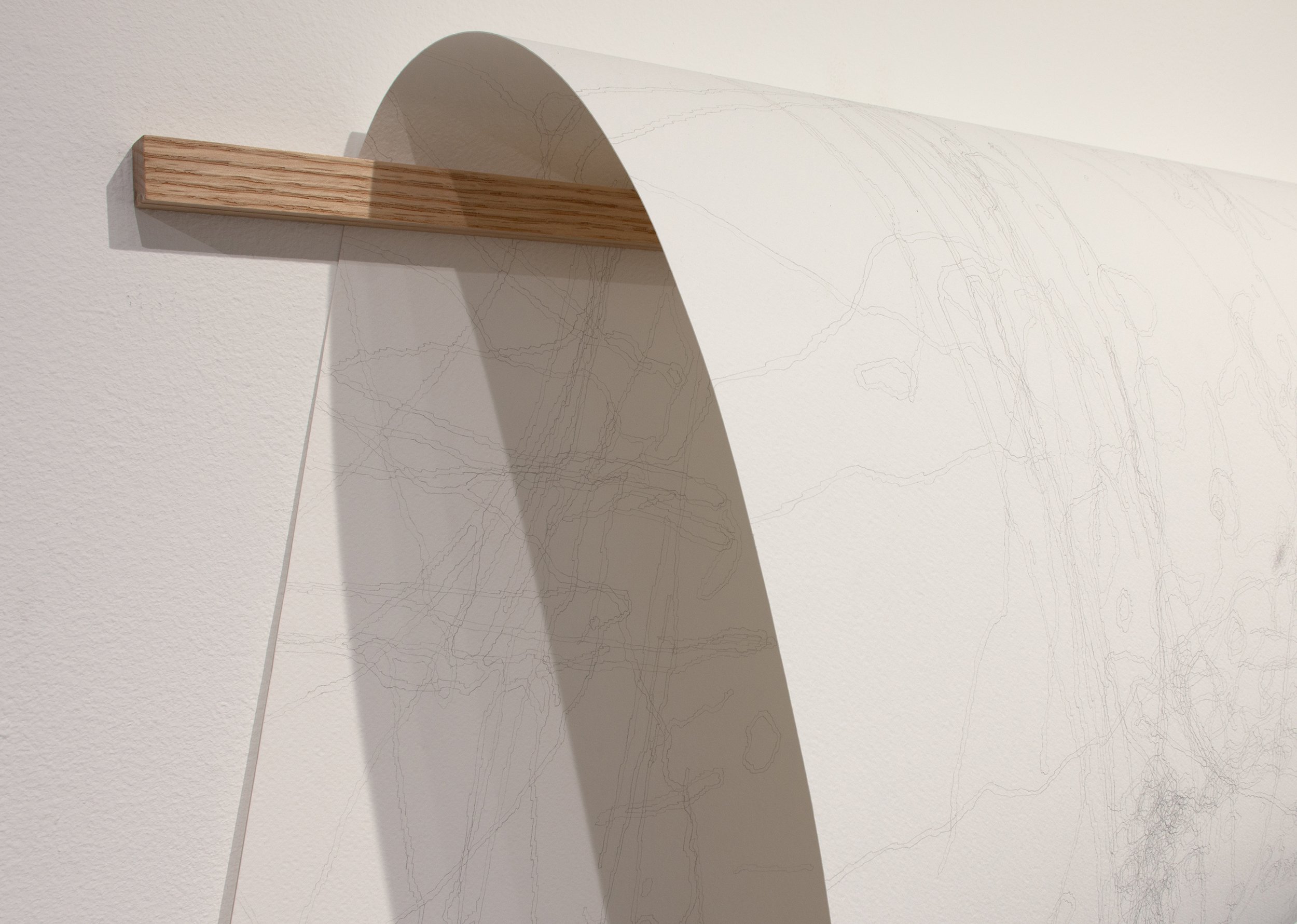 A Partial History (Drawing III) (detail), 2023 Graphite on 300gsm rough press watercolor paper, red oak 66 x 43.3 inches (dimensions of drawing) 54 x 0.75 x 0.75 inches (dimensions of wooden holder)