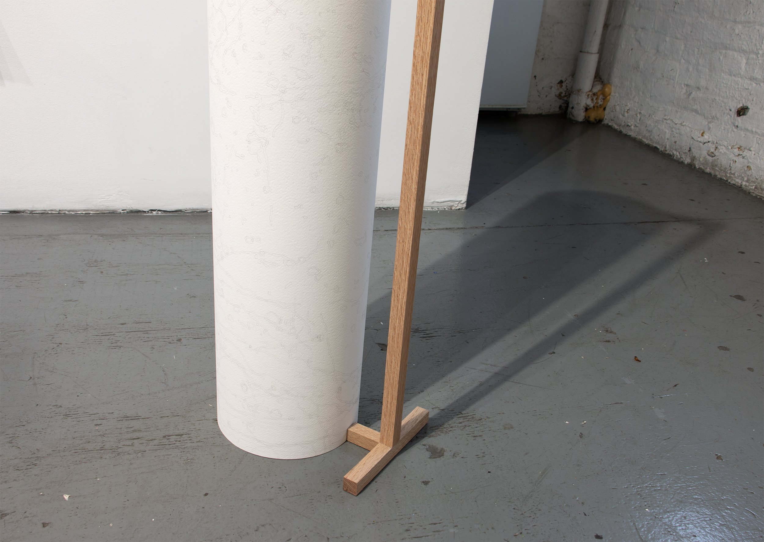 A Partial History (Drawing V) (detail), 2024 Graphite on 300gsm rough press watercolor paper, red oak 69.29 x 47.24 inches (dimensions of drawing) 48.625 x 10.5 x 7 inches (dimensions of wooden holder)