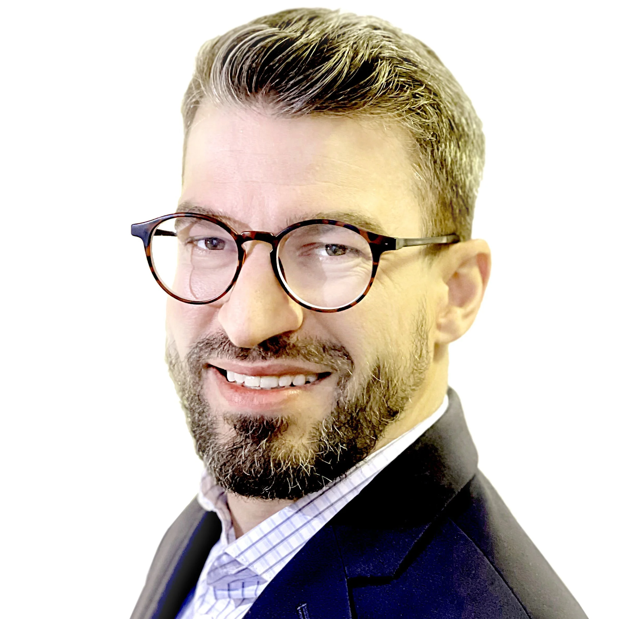 Nate with glasses smiling, wearing a suit and shirt, on a white background.