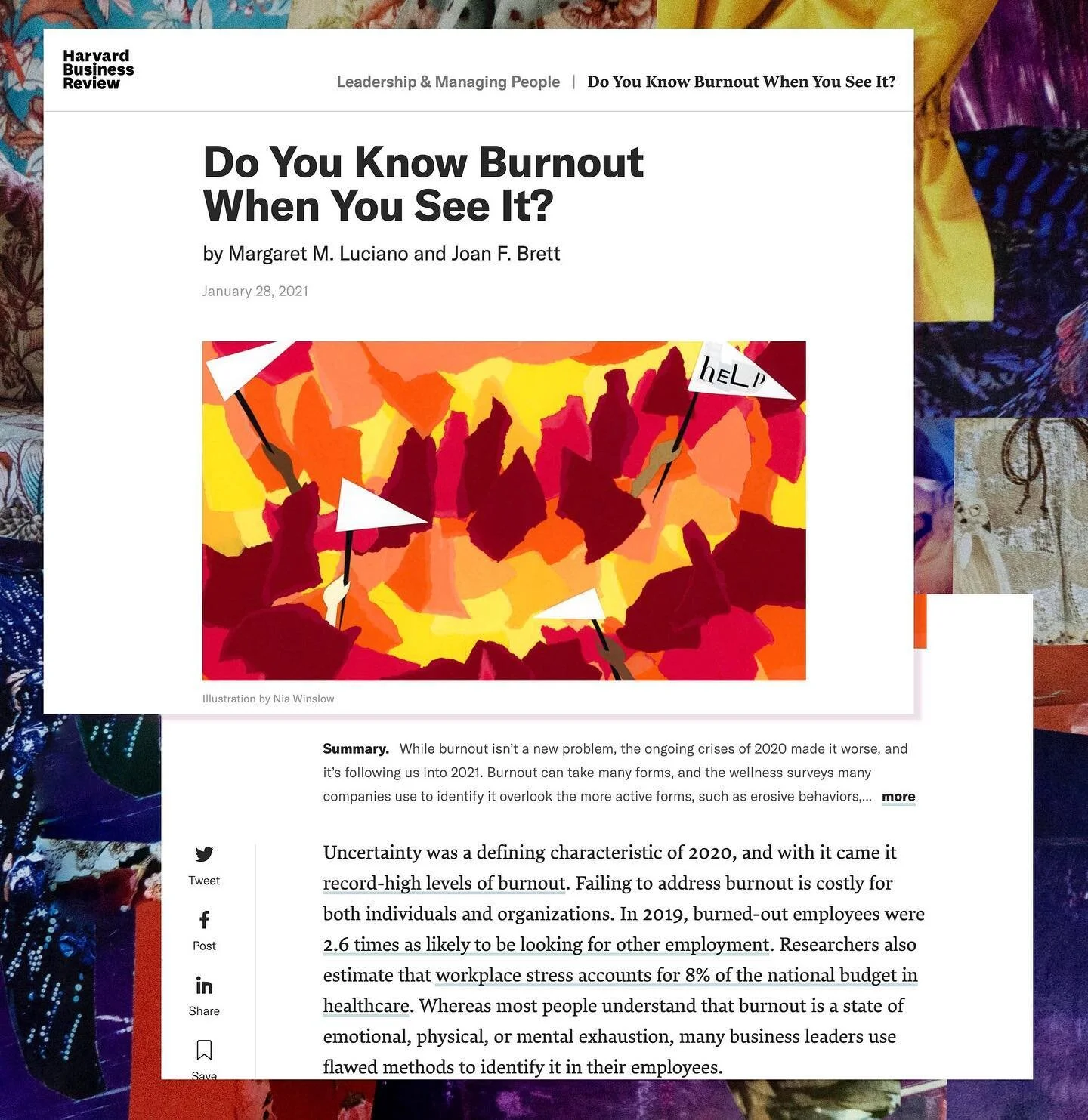 I recently completed an editorial illustration for @harvard_business_review for the article, &ldquo;Do You Know Burnout When You See It?&rdquo; The story explores ways in which leaders can identify, address and prevent employee burnout. 

Huge thank 