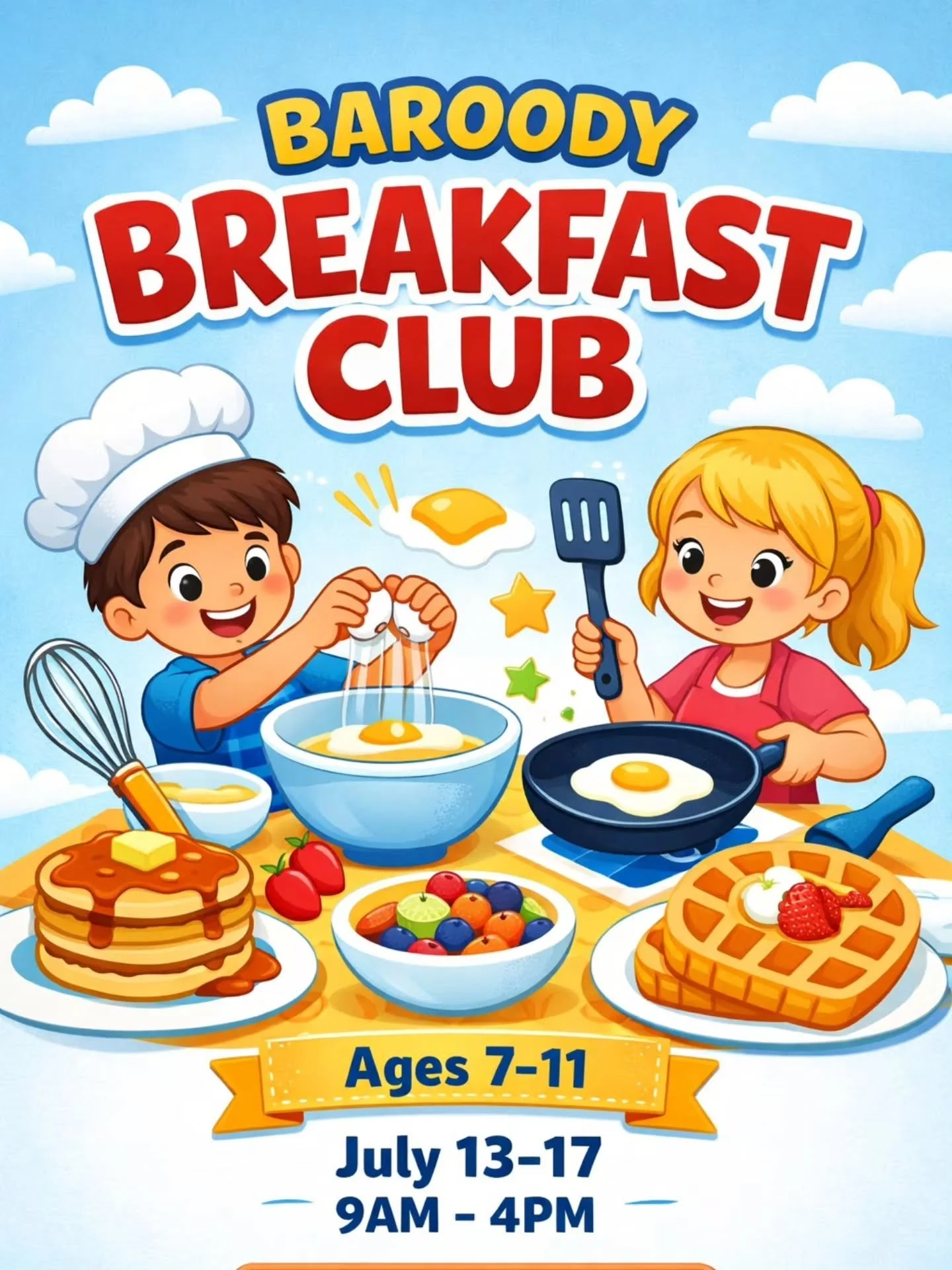 🥞 Rise &amp; shine, chefs! 🍳

At Baroody Breakfast Club, campers ages 7&ndash;11 will whisk, crack, mix, and bake their way to the most important meal of the day. From quick bites to epic breakfast creations, they&rsquo;ll gain real kitchen skills 