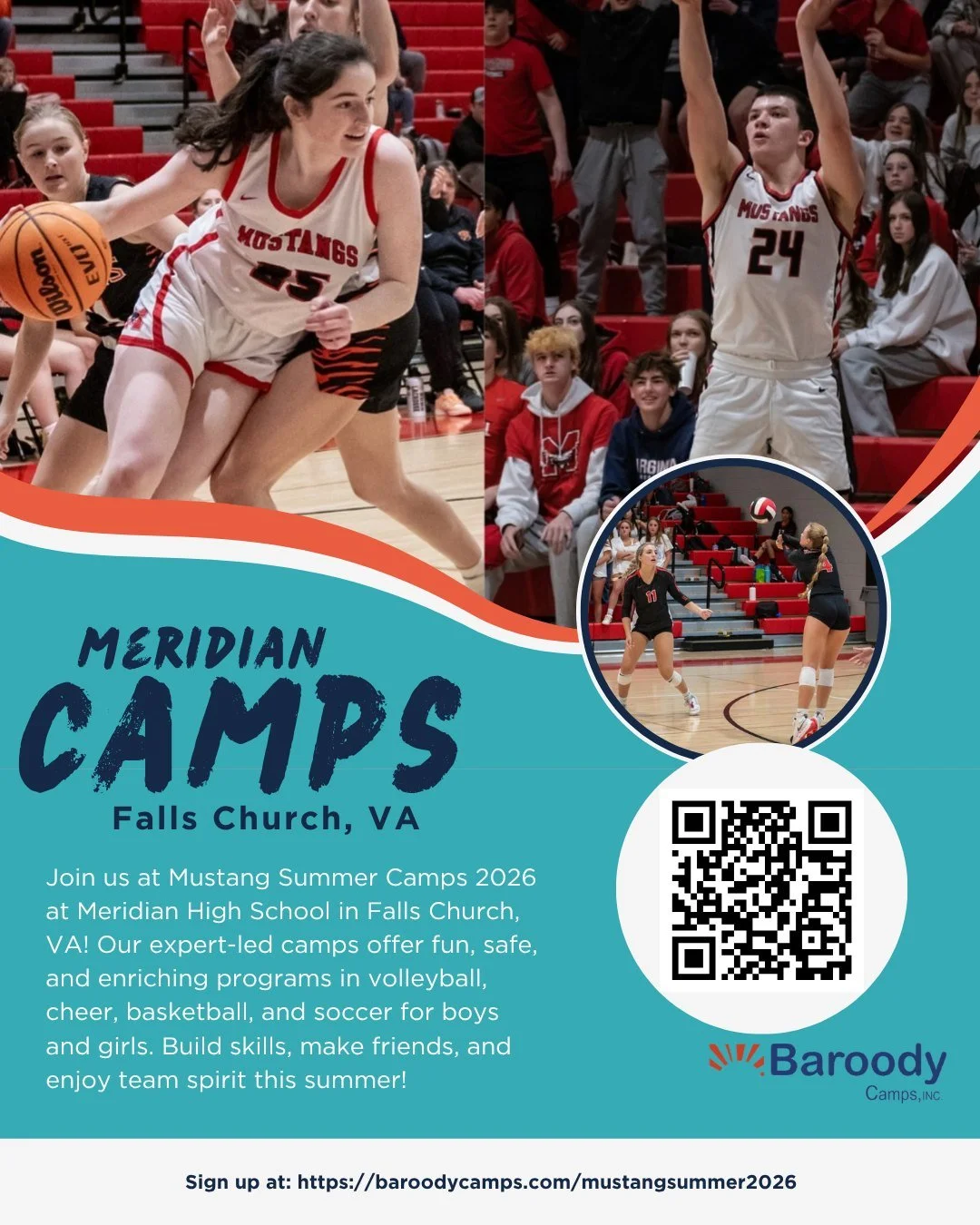 Summer just got better. ☀️
Baroody Camps is thrilled to partner with Meridian High School to bring camps to our community this summer in Falls Church, VA.
Volleyball. Cheer. Theater. Football. And so much more.
Something for every kid. Right in your 