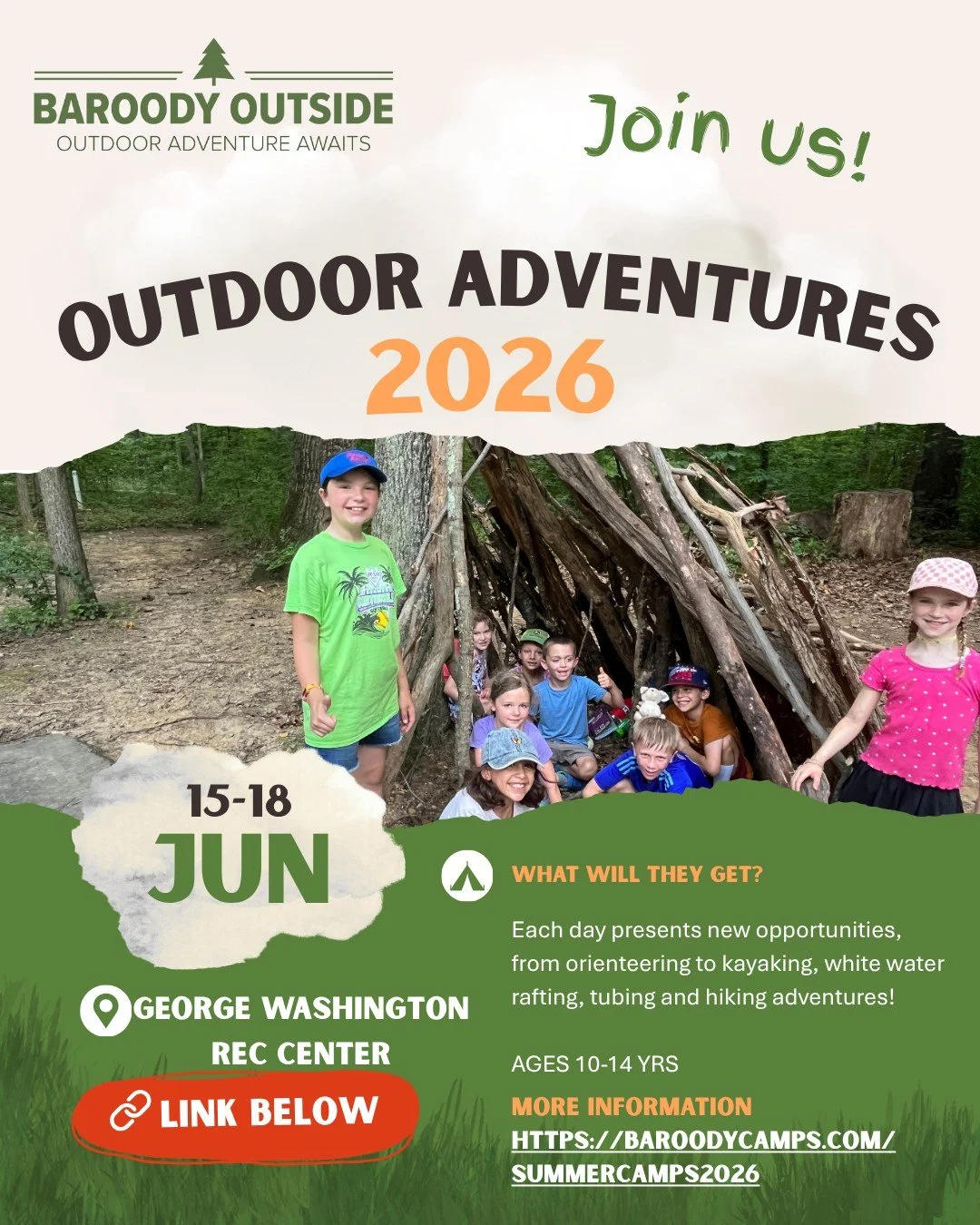 Outside Adventure Camp is back!  4 days of exploring, playing, and making memories in the great outdoors.

📅 June 15-18 
Ages 10-14

Spots fill fast. Grab yours now 👇 https://baroodycamps.com/summercamps2026