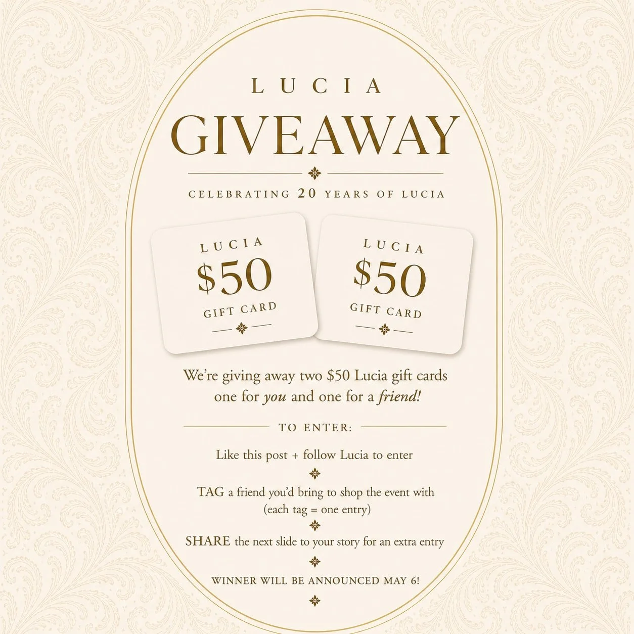 GIVEAWAY 🤍

To celebrate the Lucia 20th anniversary, we&rsquo;re giving away two $50 Lucia gift cards - one for you and one for a friend!

To enter:
&bull; Follow @luciaboutique 
&bull; Like this post 
&bull; Tag a friend you&rsquo;d bring to shop t