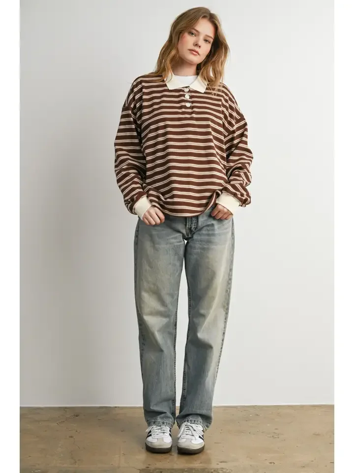 Button Placket Striped Knit Top