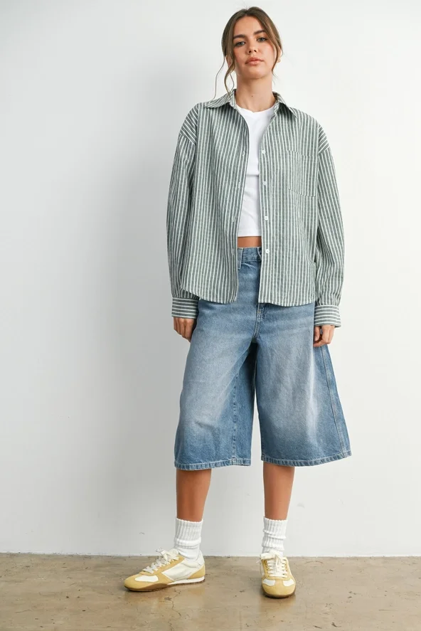 Striped Button Up Collared Shirt Green