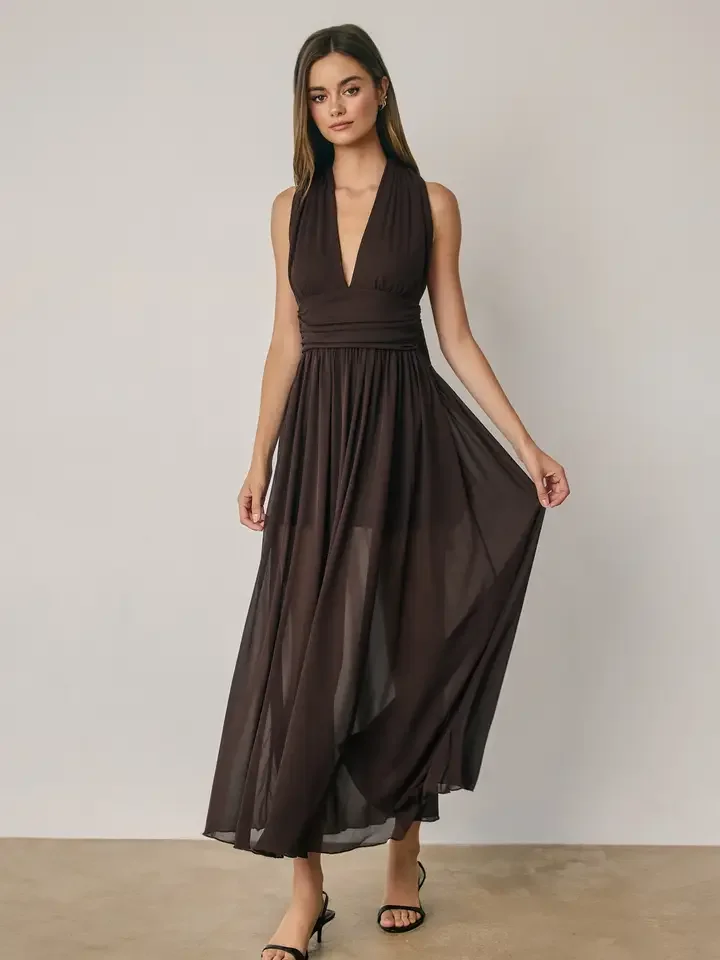 Deep V Halter Mesh Maxi Dress Dark Rum