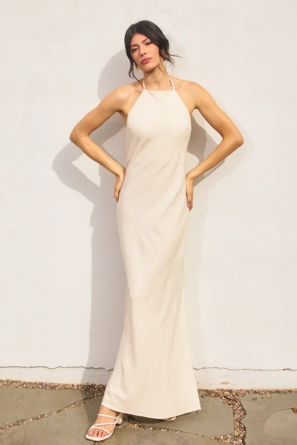 Heaven Sent Halter Open Back Maxi Dress Oatmeal