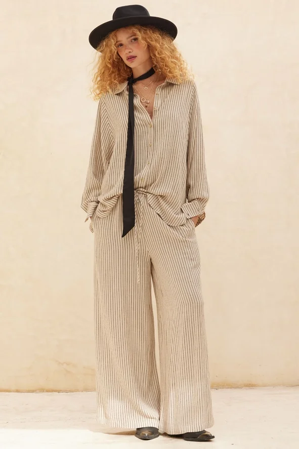 Striped Loose Fit Collared Button Up Oatmeal