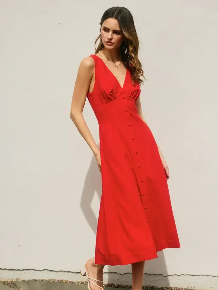 Linen V Neck Button Down Dress Red Rouge
